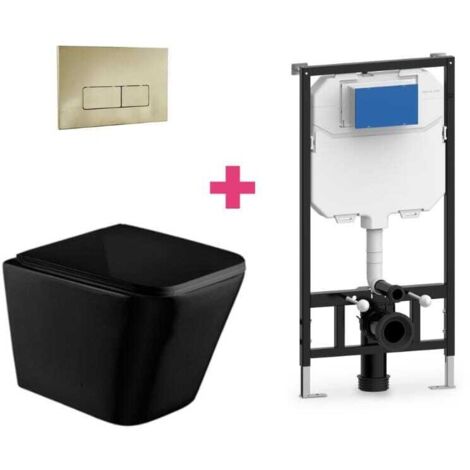 Ensemble WC suspendu PISA en céramique noir mat avec réservoir et bouton de chasse d'eau Doré rectangulaire