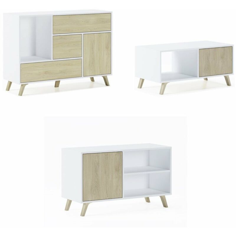 Skraut Home - Ensemble Wind - Salon, Salle à manger - buffet + meuble tv100 + table basse - couleur Blanc/Chêne - blanc