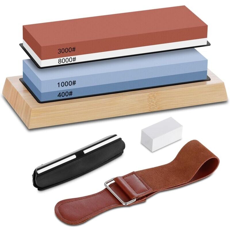 SNQ - Ensemblede Pierres à aiguiser 400/1000 3000/8000, Couteaux Aiguiser Pierre Double Visage professionnel, avec base en Bambou antidérapante,
