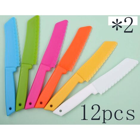 ensembles de 12 couteaux en nylon en plastique pour enfants, couteaux de cuisine pour tout-petits, couteaux sûrs pour pain sans BPA, couteau à laitue et couteau à salade