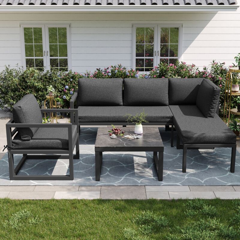 Ensembles de meubles de jardin, avec 2 canapés, 1 fauteuil, 1 table, coussins de dossier, structure en fer galvanisé, pieds réglables, pour jardin,