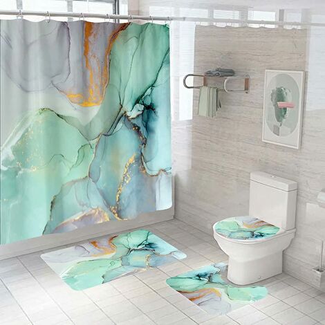 Ensembles de rideaux de douche en marbre aquarelle 4 pièces avec tapis, rayures de Texture abstraite de jade vert peinture à l'encre colorée
