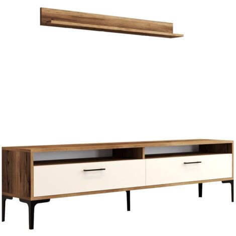 Ensembles meuble TV et étagère murale Varnus Bois Naturel et Blanc crème et Métal Noir