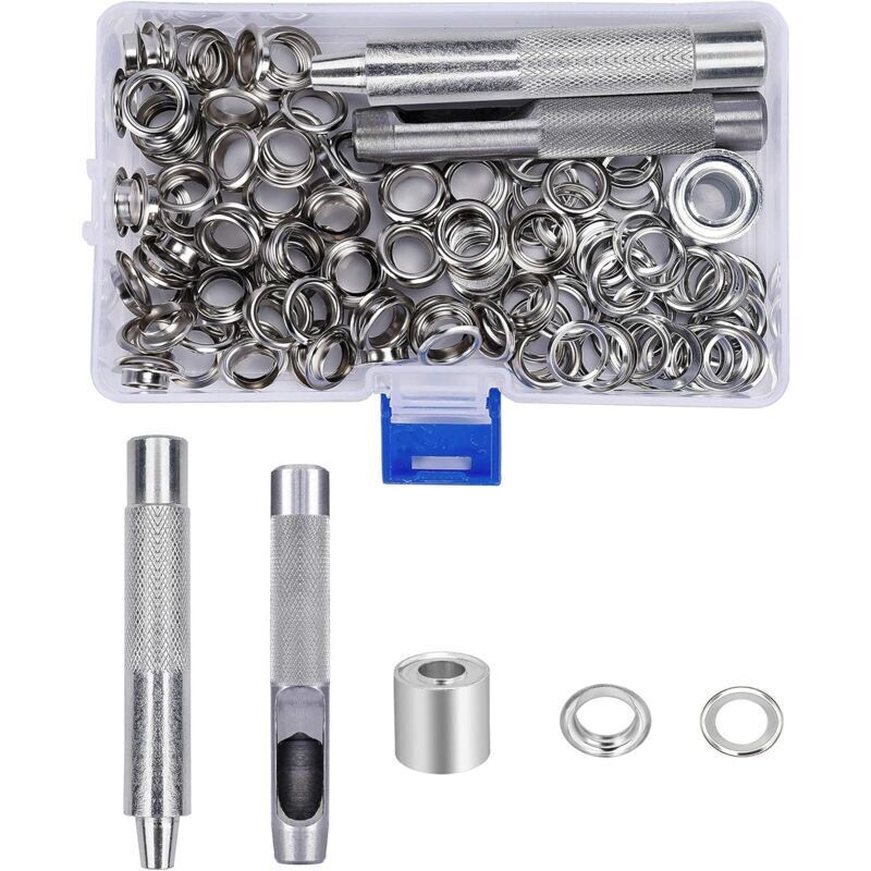 Ensembles Oeillets 10mm Grommets kit Oeillets Métalliques avec Boîte de Rangement pour Toile Bâche Tente Rideaux de Réparation 123 Pcs..