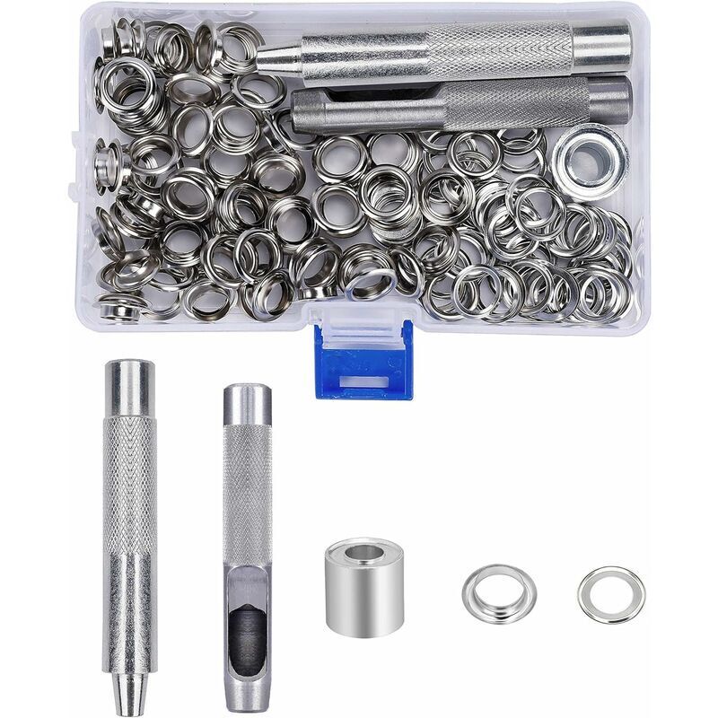 VURAHOME - Ensembles Oeillets 10mm Grommets kit Oeillets Métalliques avec Boîte de Rangement pour Toile Bâche Tente Rideaux de Réparation 123 Pcs