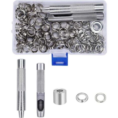 Ensembles Oeillets 10mm Grommets kit Oeillets Métalliques avec Boîte de Rangement pour Toile Bâche Tente Rideaux de Réparation 123 Pcs