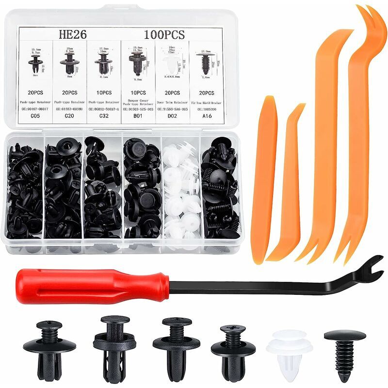 Ensoleille - 100 Pièces Rivet Clips Plastique Rivets Plastiques Fixation de Protection avec Multi Formes et Tailles Universel pour Auto Voitures