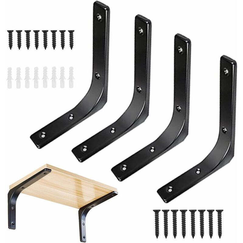 4pcs Équerre pour Étagère Murale Noire Support d’Étagère en Métal Équerre de Fixation Murale Equerre Murale en Forme de L pour Meubles Décoration