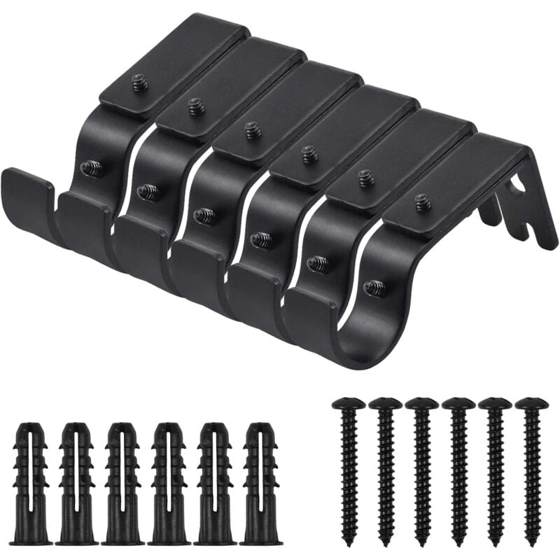 Ensoleille - 6 supports de montage mural réglables, supports de tringle à rideau en métal robuste, avec 6 vis de perçage (noir)