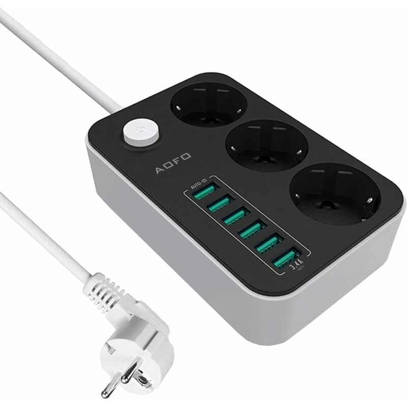 Adaptateur de prise multiprise 3 compartiments commutables avec 6 usb (5V/3.4A, 17W), prise multiple commutable protection enfant Prise adaptateur