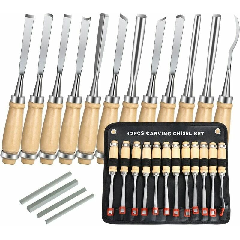 Ensoleille - Ciseaux a Bois, 12PCS Outil de Gravure Bois Kit, Décapage Couteau Sculpture sur Bois avec Manche en Bois et Moulinet, pour Débutants,