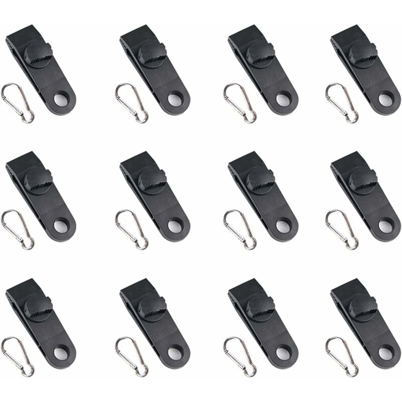 Ensoleille - Clips de bâche de tente, 12 clips de bâche multifonctions (noir), clips de fixation pour tendeur de bâche avec œillets