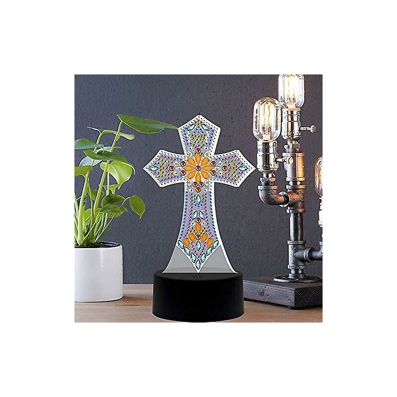 Ensoleille - Diamond Painting Kit With Led Night Light Special Cross Shape Diy Handmade Artwork 5d Partial Drill Crystal Drawing Kit Bedside Lamp