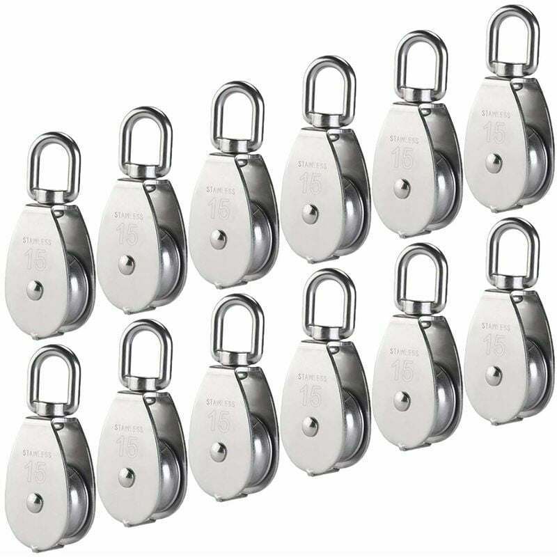 M15 Poulie Simple en Acier Inoxydable 304, 15MM Seul Poulies Bloc Rouleau, Grue Pivot Crochet Lisse Fil Corde Câble Chargement 77lbs/35Kg (12 Pièces)