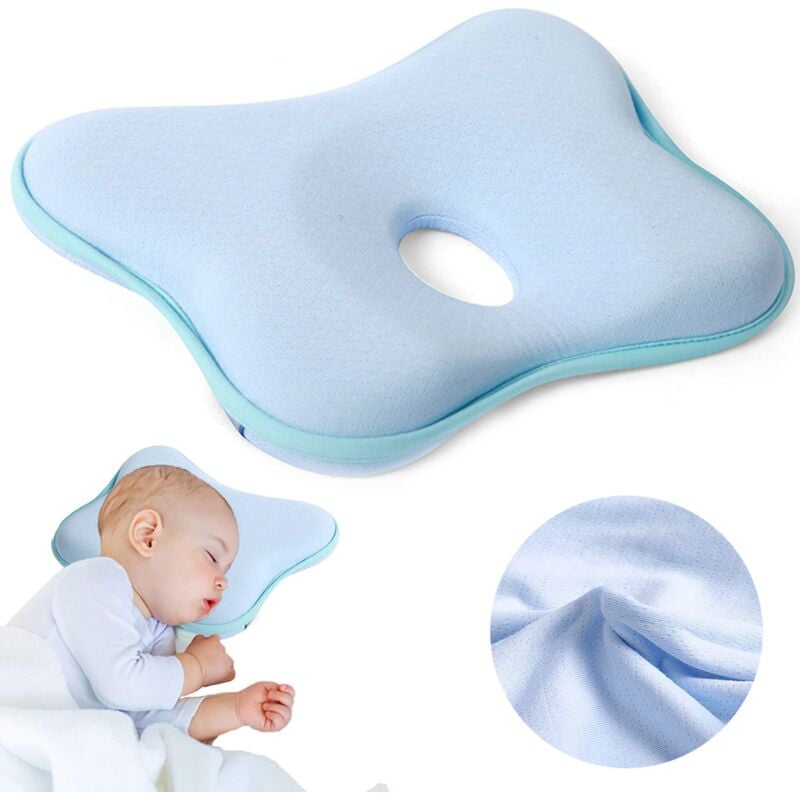 Oreiller bébé contre tête plate, tête plate de déformation de la tête d'oreiller bébé, oreiller en mousse à mémoire de forme (bleu, 26 × 23 cm)