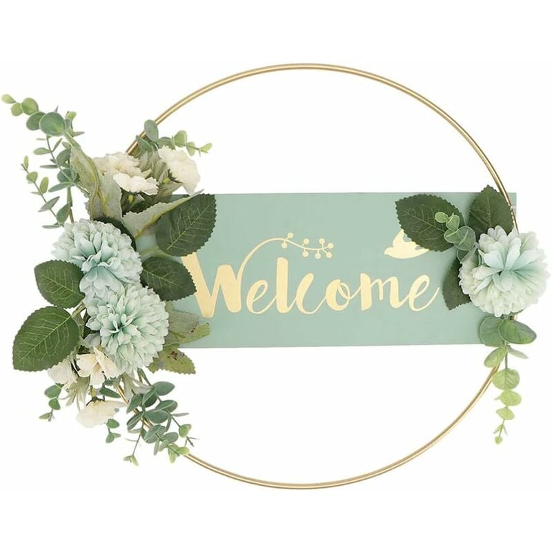 Ensoleille - Panneau de bienvenue en métal Couronne d'eucalyptus Couronne de porte Couronne murale Anneaux en métal Panneau de porte de mariage pour