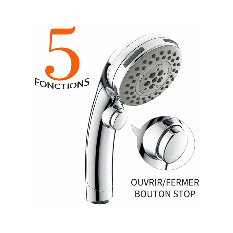 Pommeau de Douche Chromé avec Bouton Stop Douchette à Main 5 Jets au Choix Pomme de Douche Picots Anticalaire Type Universel