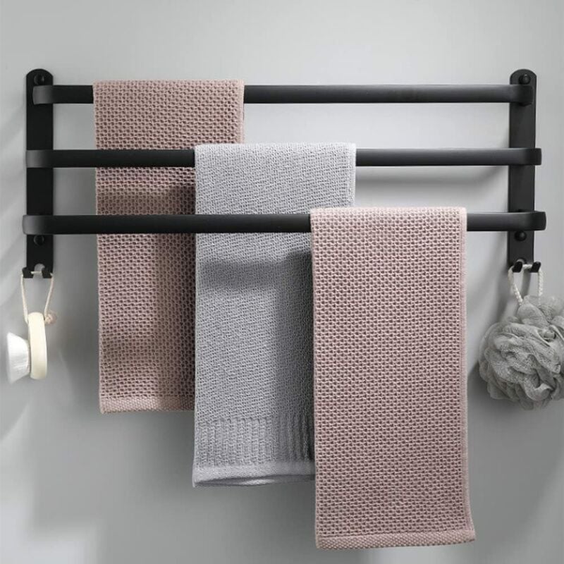 Ensoleille - Porte-serviettes mural en aluminium - 3 étages - Avec crochets - 50 cm - Étanche - Noir - Pour salle de bain, cuisine, salle de bain
