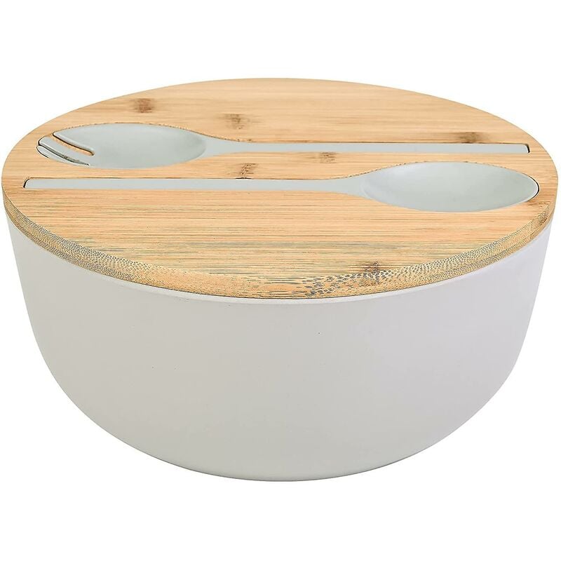 Saladier en fibre de bambou avec ensemble de serveurs - Grands bols de mélange de 9,8 pouces Salade en bambou solide Bol en
