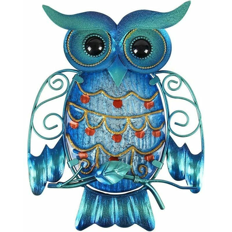 Ensoleille - Sculpture d'oiseau en verre de décoration suspendue extérieure d'art de mur de hibou en métal pour la terrasse, le porche ou la porte