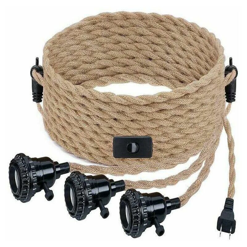 Ensoleille - Suspension Luminaire avec Interrupteur et Prise Industrielle Vintage Lustre 3 Lumières E27 Suspension diy Corde de Chanvre Accessoires