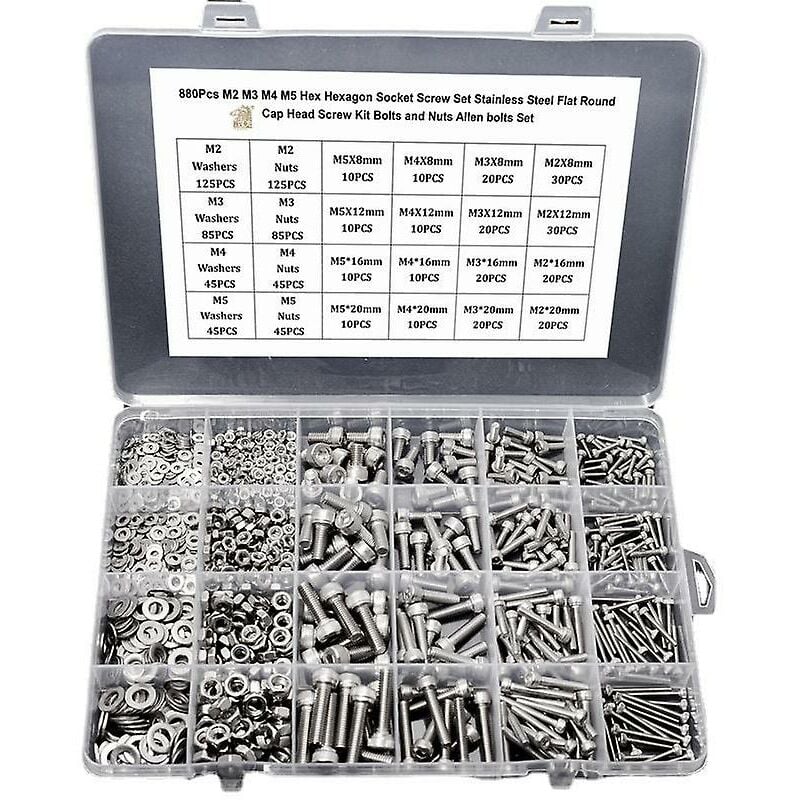 Vis 860pcs m2 m3 m4 m5 hexagone douille jeu de vis en acier inoxydable plat rond tête de tête kit de vis boulons et écrous allen boulons set