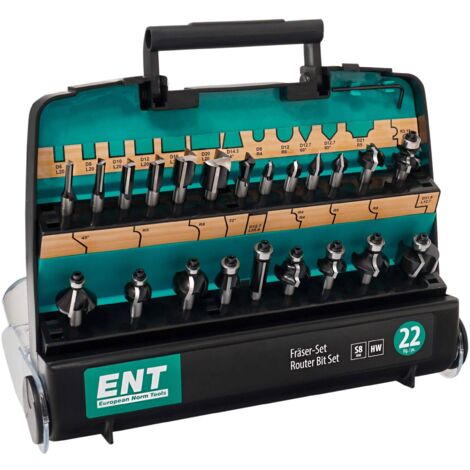 ENT 09022 Set di 22 Frese per Legno in Metallo Duro con Valigetta di Plastica Resistente - Fresa per Legno con Codolo da 8 mm - Taglienti in Metallo Duro - Adatte per Fresa Verticale