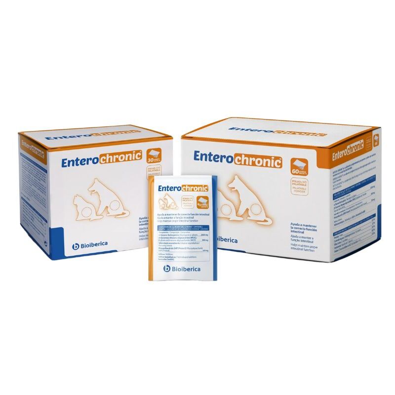 

Entero-Chronic Alimento Complementario para Perros y Gatos. Cuidado ante Alteraciones Instestinales de Larga duración. 30 sobres
