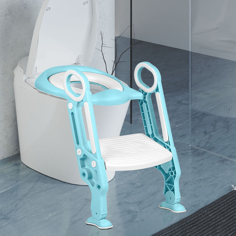 Skecten - Entraîneur de Toilette Pot d'apprentissage avec Main Courante d'escalier Coussin Souple en pu Anti-dérapant Hauteur Réglable - Blanc+Bleu