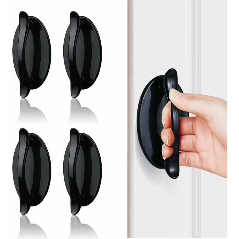 Entrance Door Handle, Sliding Door Handle, Black Sticky Door Handle 4 Pcs, Abs Plastic Handle for Doors and Windows, Cabinets, Drawers, Wardrobe