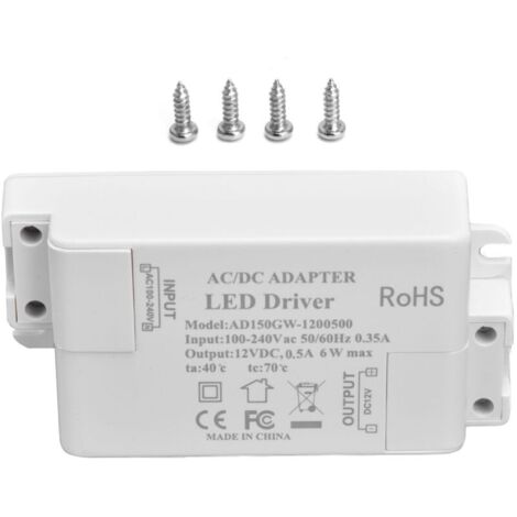Entrée de pilote LED AC100-240 V 0,35 A Sortie DC12 V 0,5 A 6 W Transformateur LED pour salle de bain