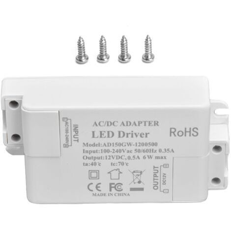 Entrée de pilote LED AC100-240 V 0,35 A Sortie DC12 V 0,5 A 6 W Transformateur LED pour salle de bain