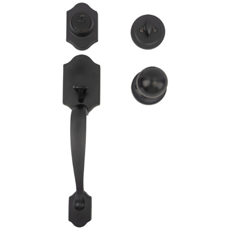 Entry door handle and deadbolt set, black lock with reversible knob handle, modern entry door hardware, single cylinder entry lock, entry door
