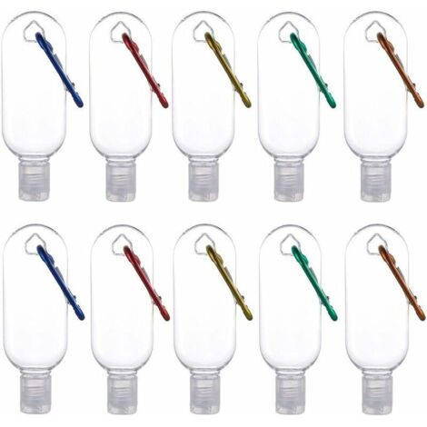 Envases portátiles exprimibles para viajes, 10 botellas de plástico transparente vacías, envases líquidos recargables a prueba de fugas con llavero para cosméticos y lociones (50 ml).