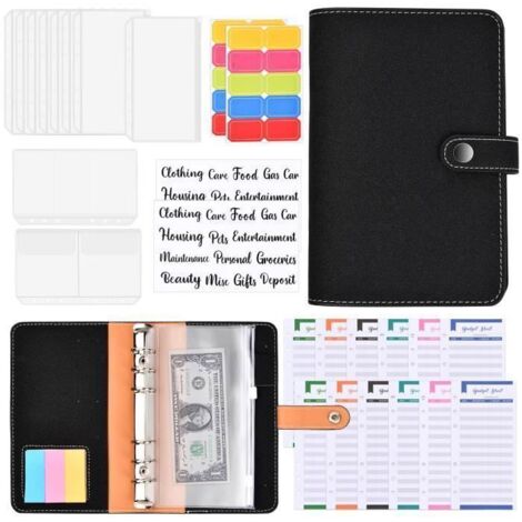 Enveloppe Budget Classeur A6 Budget Enveloppe en PU Cuir Budget Planner Enveloppe Budgetaire(Noir)