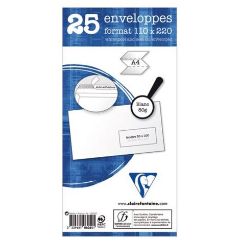 Enveloppe - CLAIREFONTAINE - Adhéclair - 110x220mm - Fenêtre - 25 unités