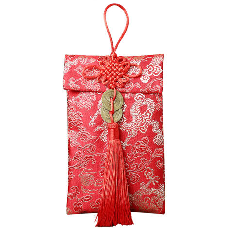 Enveloppe traditionnelle chinoise Brocade x6 Rouge 10.5x17cm avec fermeture bouton et motifs brodés pour cadeaux et événements