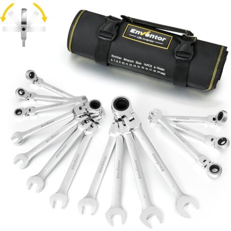 ENWENTOR Jeu de Clé Plate à Cliquet Articulées, 14 Pièces, 6-19mm, jeu Clés fourche et Mixtes, 72 dents, angle rotation 5°, acier au Chrome vanadium, étui Oxford - 14PCS-FELX
