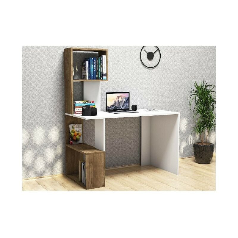 

Homemania - Enzio Escritorio - con libreria integrada con estantes - Estudio, Habitacion - Blanco, Nogal en Madera, 120 x 60 x 148,2 cm