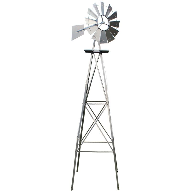 Wiltec Éolienne de jardin Design US – 670 x 670 x 2450 mm – Couleur argentée – Moulin avec Roulement à bille – Girouette roue Texas décorative déco