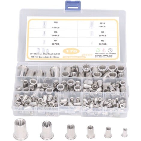 Eosnow 170pcs M3 -M10 304 Tuercas de remache de acero inoxidable Tuerca roscada de cabeza plana duradera