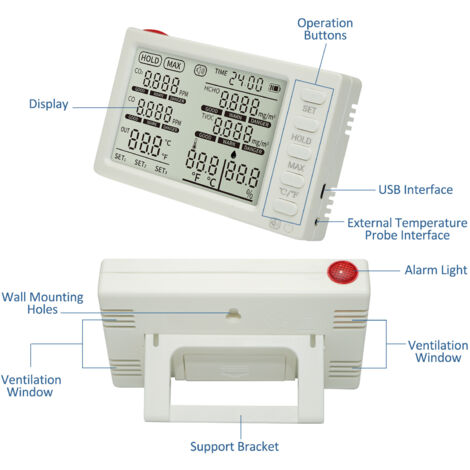 Eosnow 8-in-1-Luftqualitätsmonitor tragbarer Detektor für CO₂/HCHO/TVOC/CO/Temperatur/Luftfeuchtigkeit/externe Temperatursonde/Zeitprüfung Analysator Office School Auto