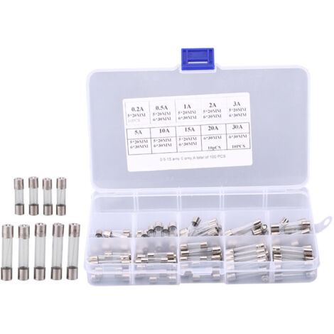 Eosnow Assortiment de tubes à fusibles en verre pour voiture, 100 pièces, 5x20mm, 6x30mm, 0,2a, 0,5a, 1A, 2A, 3A, 5A, 10A, 15A, 20A, 30A