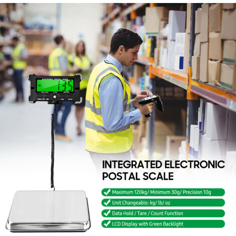 Eosnow Balance postale électronique 264 lb, précision 10 g, numérique intégrée en acier inoxydable, avec écran LCD rétroéclairé, arrêt automatique, maintien des données, tare, comptage