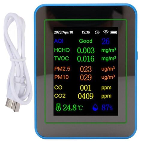 Eosnow Compteur de qualité de l'air 12 en 1, WiFi, CO2 TVOC HCHO, détection intelligente de la température et de l'humidité en intérieur, alimenté par batterie, avec affichage de l'heure, blanc + bleu