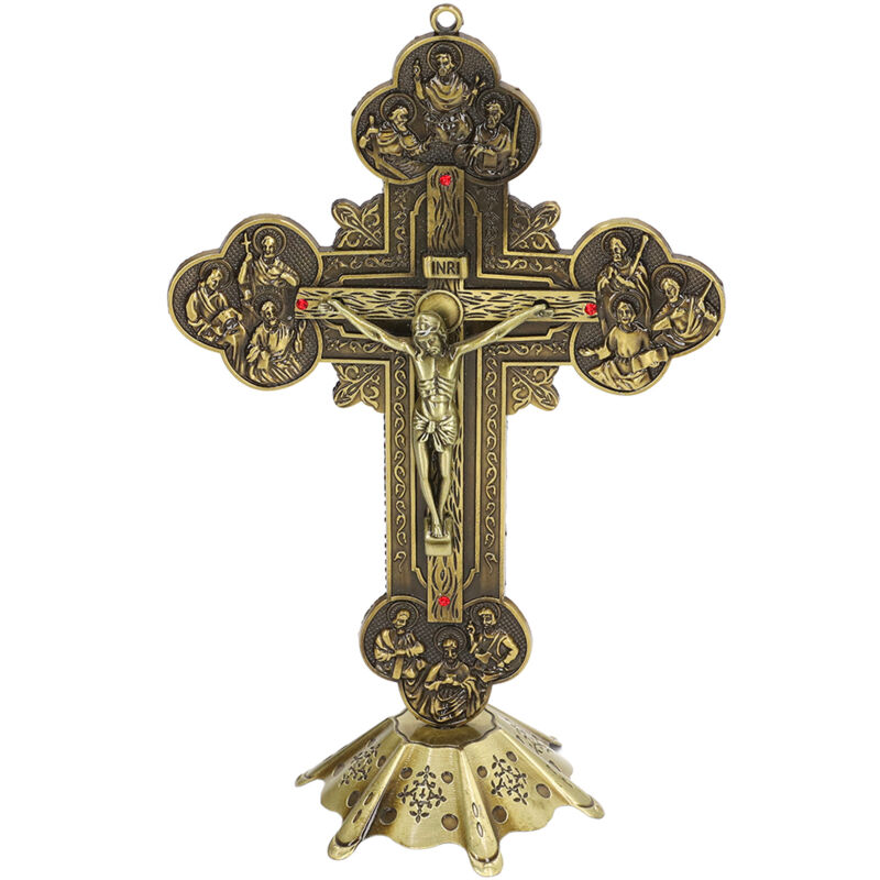 Crucifix en bronze avec base stable incrustée de rouge, style vintage, décoration attrayante en métal pour table, cadeau catholique - Eosnow