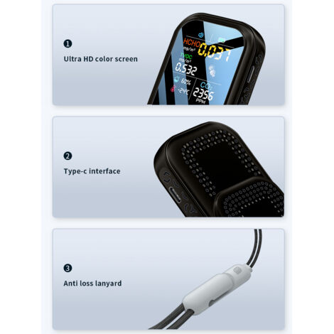 Eosnow Détecteur de qualité de l'air domestique 1,9 pouces, résolution 240 x 280, écran couleur, capteurs semi-conducteurs haute sensibilité, 5 en 1, testeur de température et d'humidité HCHO TVOC CO2