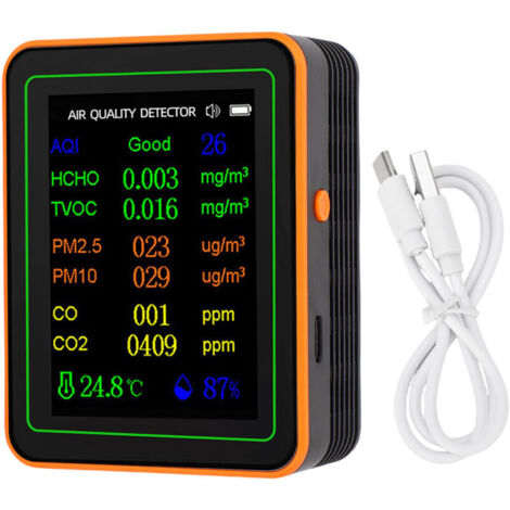 Eosnow Détecteur de qualité de l'air, indice CO2 TVOC HCHO PM2.5 PM10, testeur de température et d'humidité, affichage couleur TFT, visualisation des courbes, noir, Orange