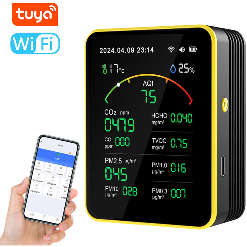 Eosnow - Détecteur de qualité de l'air Tuya WiFi 15 en 1,AQI PM0.3 PM1.0 PM2.5 PM10 co CO2 tvoc hcho Testeur,écran TFT,testeur de température et
