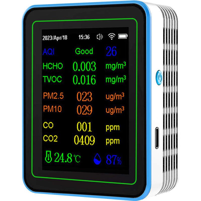 Eosnow - Détecteur de qualité de l'air WiFi 12 en 1, dioxyde de carbone avec affichage de l'heure/date aqi PM2.5 PM10 hcho tvoc co CO2 Testeur de